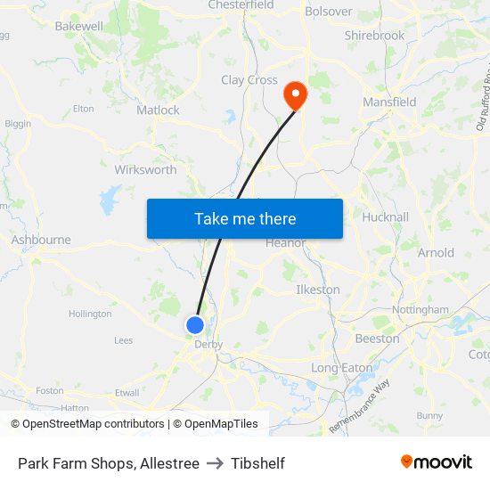 Park Farm Shops, Allestree to Tibshelf map