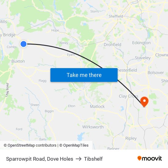 Sparrowpit Road, Dove Holes to Tibshelf map