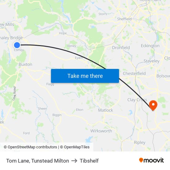 Tom Lane, Tunstead Milton to Tibshelf map