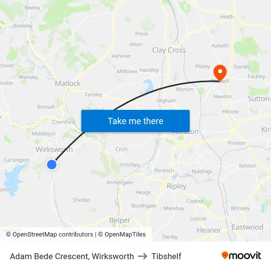 Adam Bede Crescent, Wirksworth to Tibshelf map