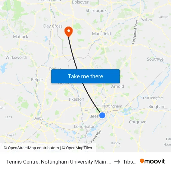 Tennis Centre, Nottingham University Main Campus (Un08) to Tibshelf map