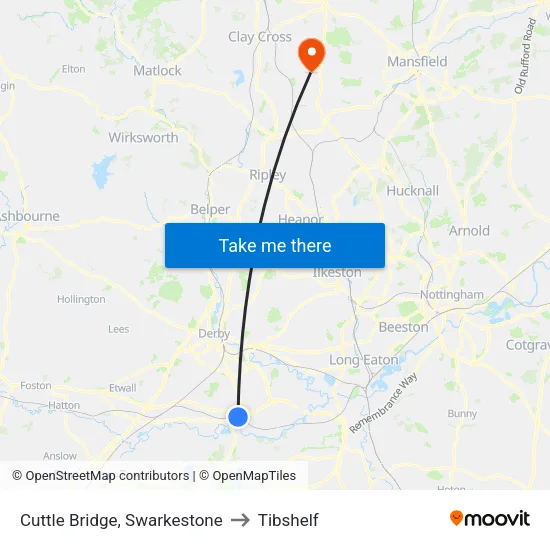 Cuttle Bridge, Swarkestone to Tibshelf map