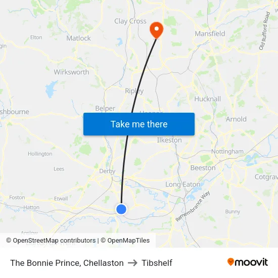 The Bonnie Prince, Chellaston - Derby to Tibshelf map