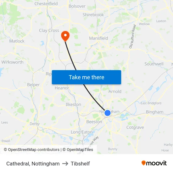 Cathedral, Nottingham to Tibshelf map