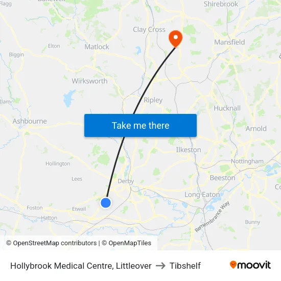 Hollybrook Medical Centre, Littleover to Tibshelf map