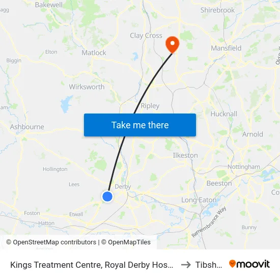 Kings Treatment Centre, Royal Derby Hospital to Tibshelf map
