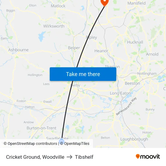 Cricket Ground, Woodville to Tibshelf map
