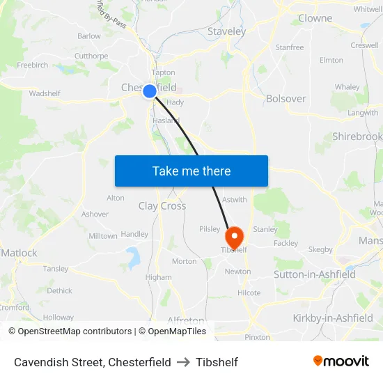 Cavendish Street, Chesterfield to Tibshelf map