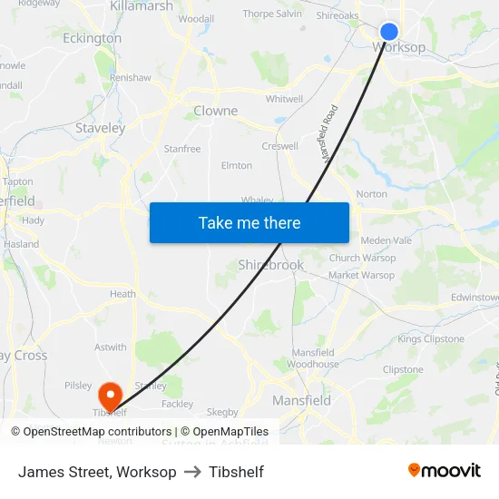 James Street, Worksop to Tibshelf map