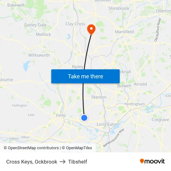 Cross Keys, Ockbrook to Tibshelf map