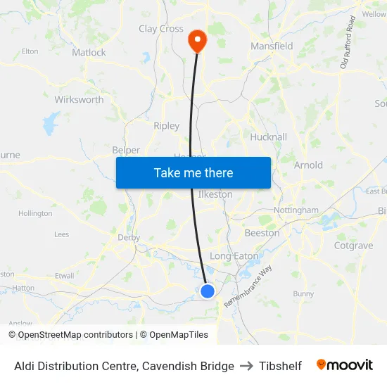 Aldi Distribution Centre, Cavendish Bridge to Tibshelf map