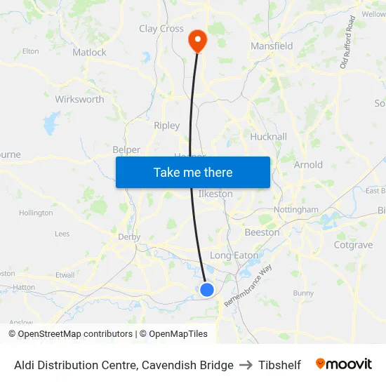 Aldi Distribution Centre, Cavendish Bridge to Tibshelf map