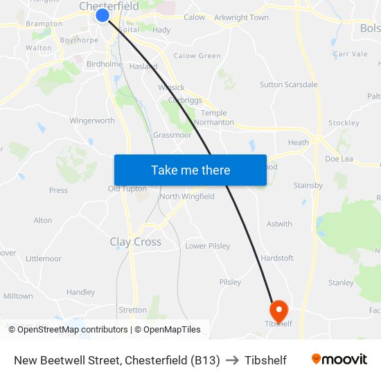 New Beetwell Street, Chesterfield (B13) to Tibshelf map