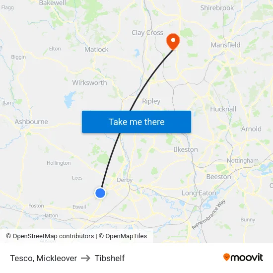 Tesco, Mickleover to Tibshelf map