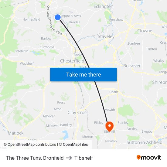 The Three Tuns, Dronfield to Tibshelf map