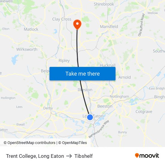 Trent College, Long Eaton to Tibshelf map