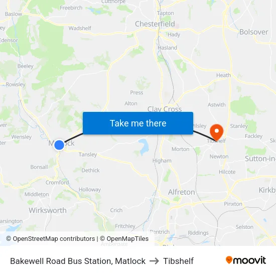 Bakewell Road Bus Station, Matlock to Tibshelf map