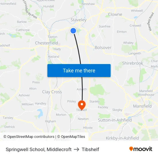 Springwell School, Middlecroft to Tibshelf map