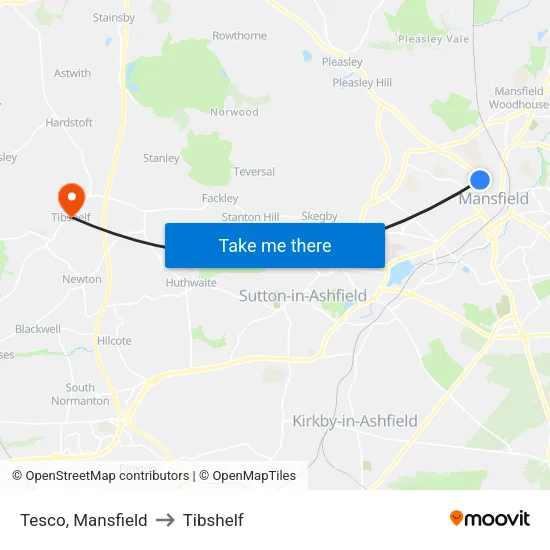 Tesco, Mansfield to Tibshelf map
