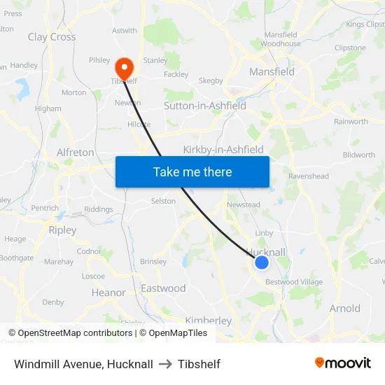 Windmill Avenue, Hucknall to Tibshelf map