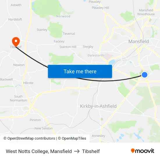 West Notts College, Mansfield to Tibshelf map