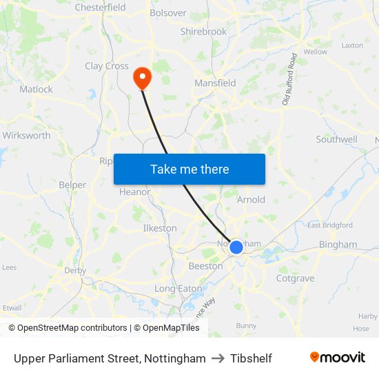 Upper Parliament Street, Nottingham to Tibshelf map