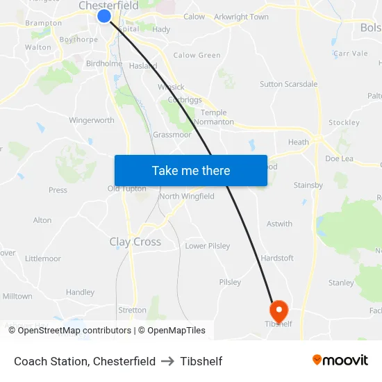 Coach Station, Chesterfield to Tibshelf map