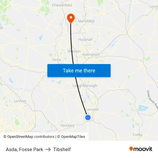 Asda, Fosse Park to Tibshelf map