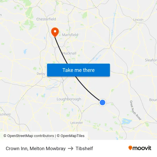 Crown Inn, Melton Mowbray to Tibshelf map