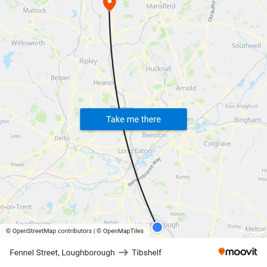 Fennel Street, Loughborough to Tibshelf map