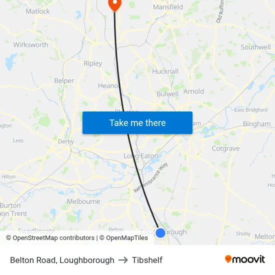 Belton Road, Loughborough to Tibshelf map