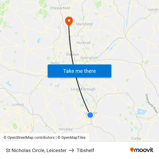 St Nicholas Circle, Leicester to Tibshelf map