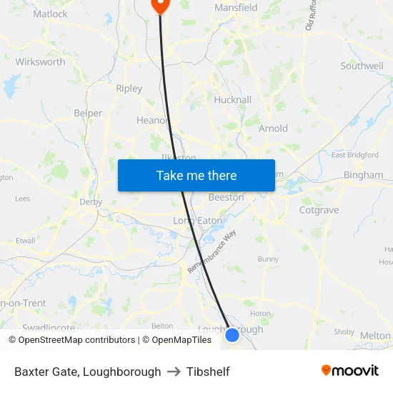 Baxter Gate, Loughborough to Tibshelf map