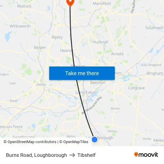 Burns Road, Loughborough to Tibshelf map