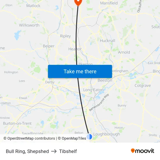 Bull Ring, Shepshed to Tibshelf map