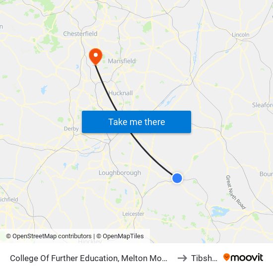 College Of Further Education, Melton Mowbray to Tibshelf map