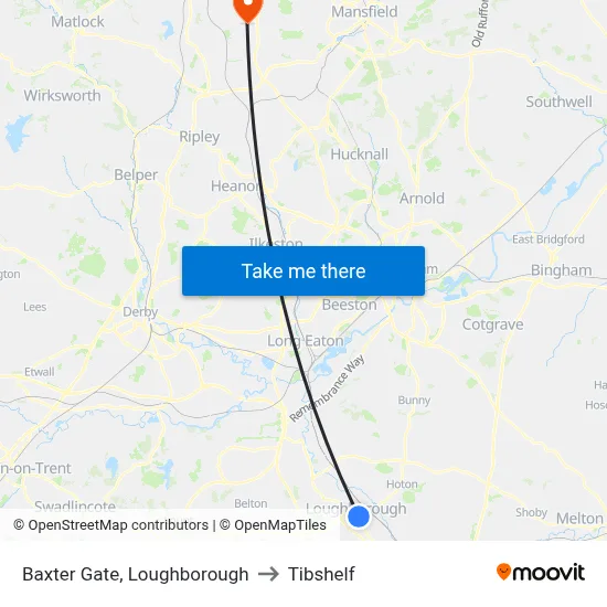 Baxter Gate, Loughborough to Tibshelf map