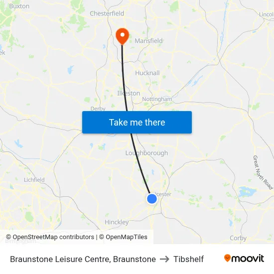 Braunstone Leisure Centre, Braunstone to Tibshelf map
