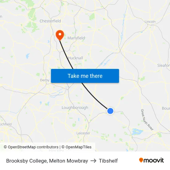 Brooksby College, Melton Mowbray to Tibshelf map