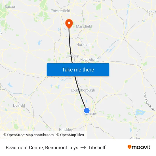 Beaumont Centre, Beaumont Leys to Tibshelf map
