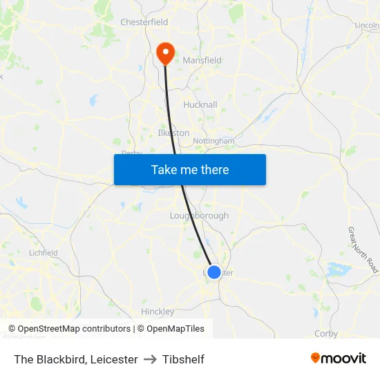 The Blackbird, Leicester to Tibshelf map