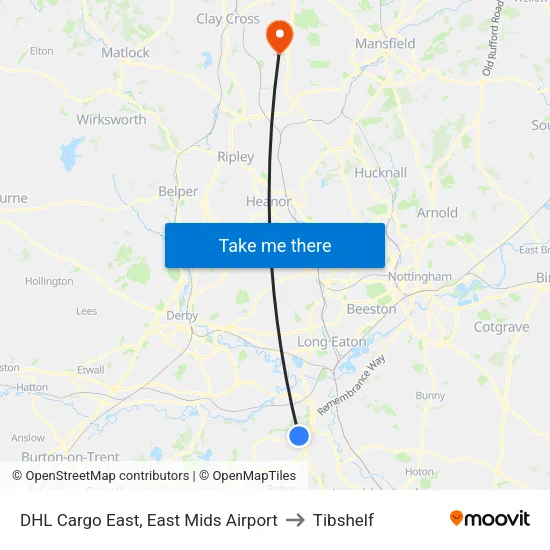 DHL Cargo East, East Mids Airport to Tibshelf map