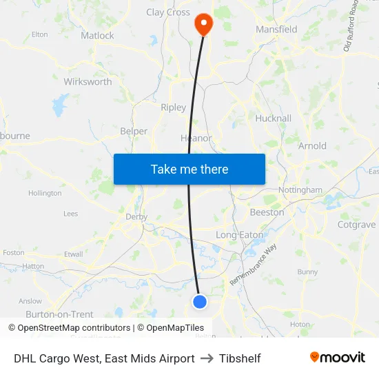 DHL Cargo West, East Mids Airport to Tibshelf map