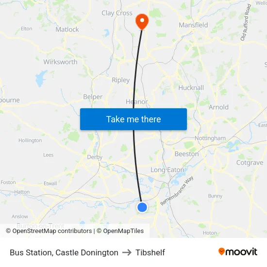 Bus Station, Castle Donington to Tibshelf map