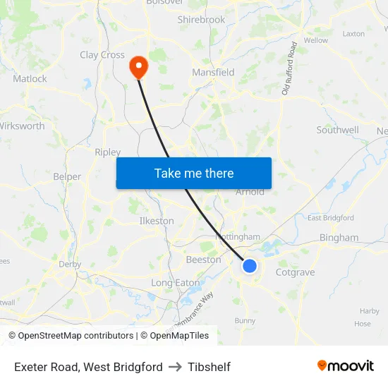 Exeter Road, West Bridgford to Tibshelf map