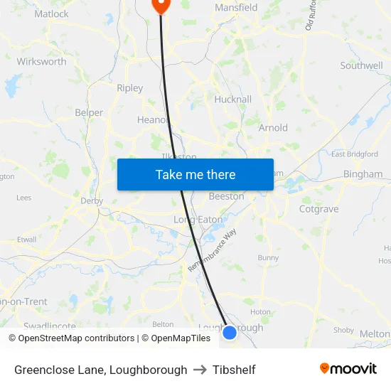 Greenclose Lane, Loughborough to Tibshelf map