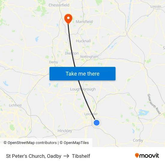 St Peter's Church, Oadby to Tibshelf map