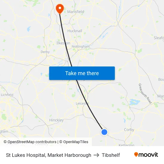 St Lukes Hospital, Market Harborough to Tibshelf map