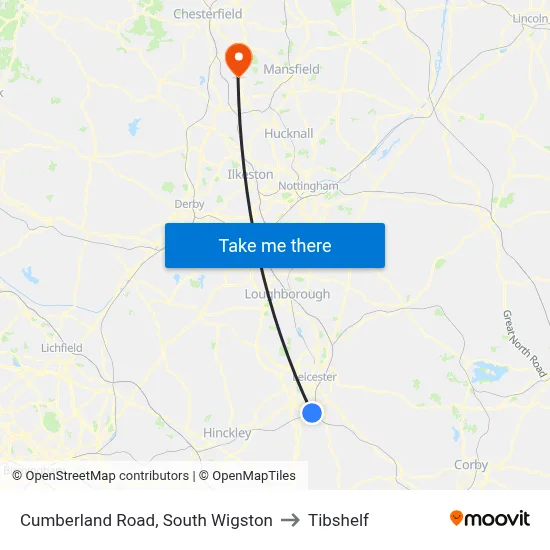 Cumberland Road, South Wigston to Tibshelf map