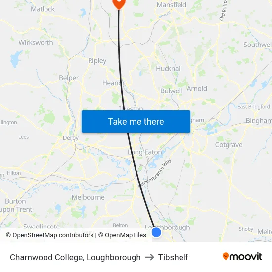 Charnwood College, Loughborough to Tibshelf map